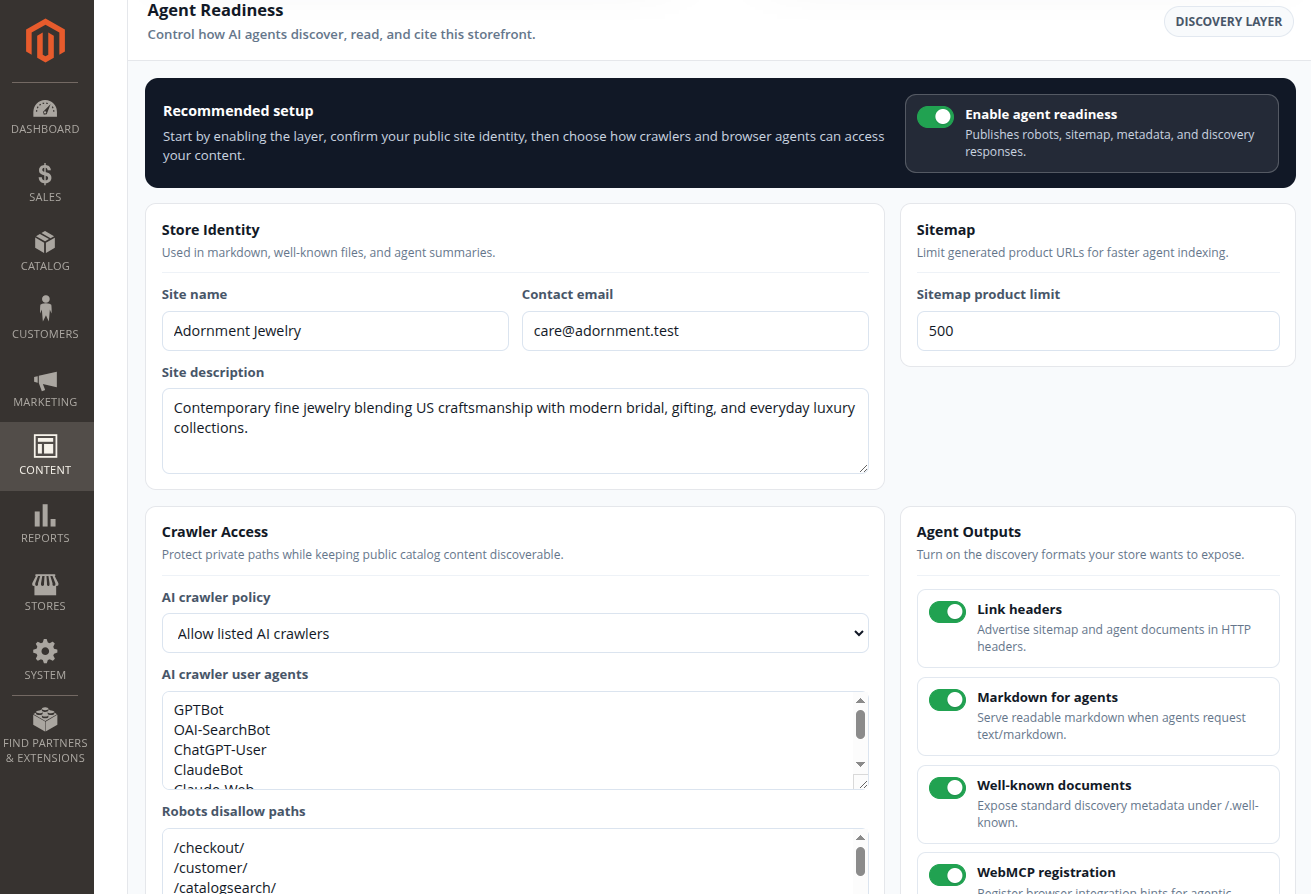 Agent Readiness settings in Magento Admin