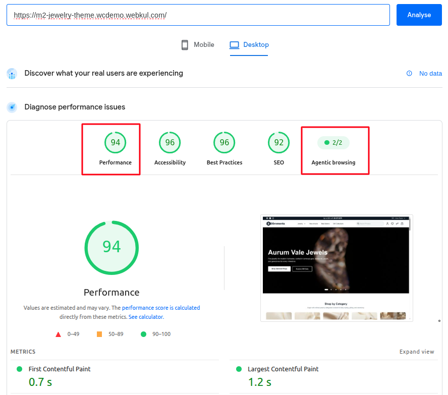 Desktop performance and agentic browsing check for the Magento 2 Hyvä Jewellery Theme