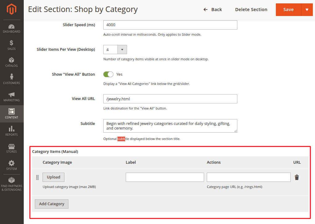 Magento Admin Category Grid manual category items