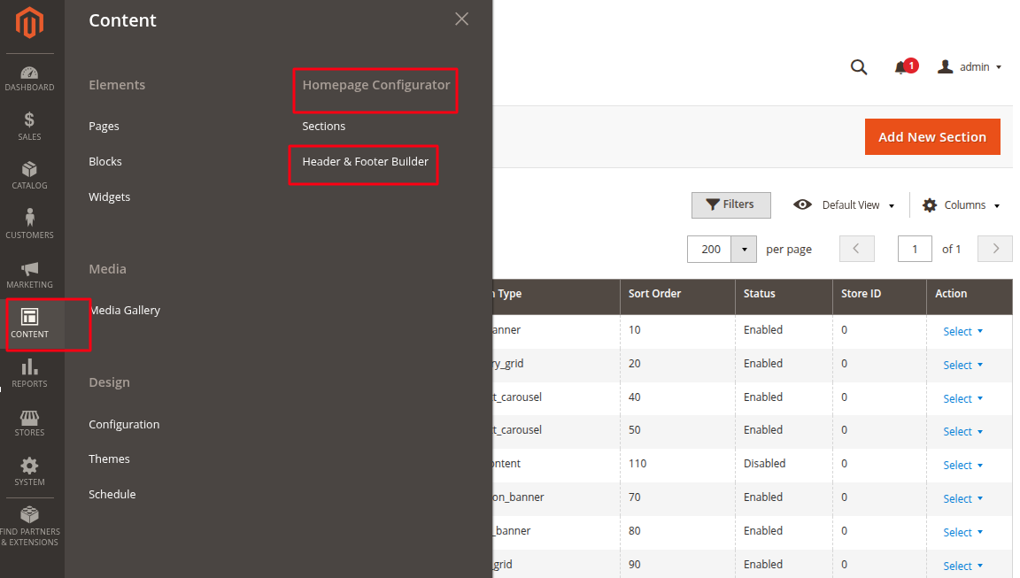 Magento Admin menu path for Header and Footer Builder