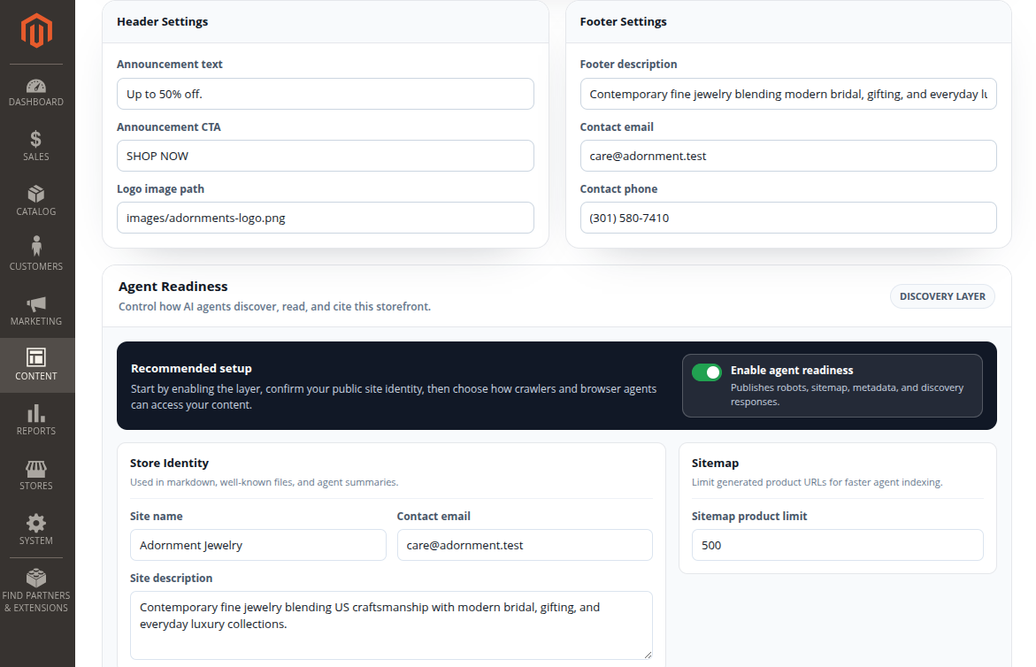 Header and footer settings in Magento Admin