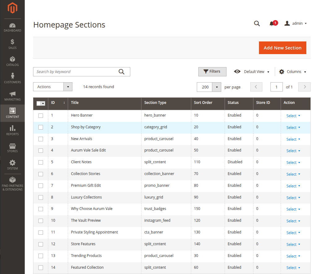 Magento Admin Homepage Sections grid showing section types