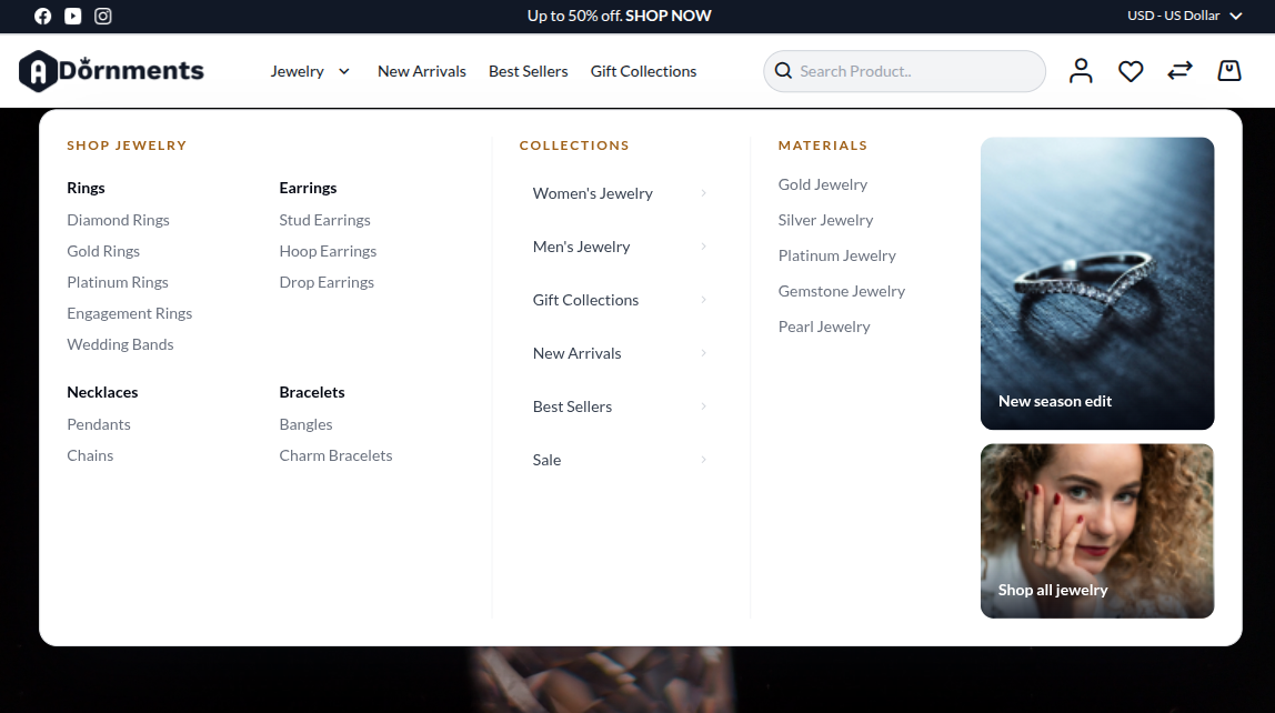 Mega menu on the storefront